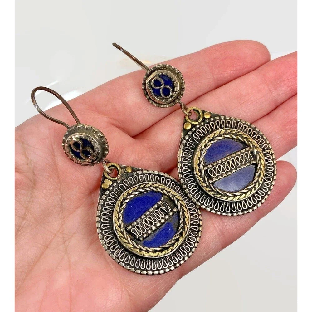 Vintage Afghan Kuchi Earrings: Enameled Cobalt Blue Boho Jewelry